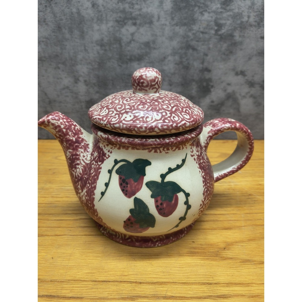 Vintage Ceramic Red Sponge Ware Strawberry Pattern 4 Cup Ceramic Teapot